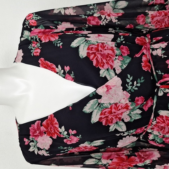 Floral NEW Black Red, Pink Wrap Ruffle Hem Flowy Boho Skater Dress Plus Size 3X - Picture 3 of 16